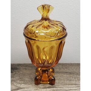 Vintage Viking Glass Epic Amber Footed Candy Dish Compote With Lid 1960s MCM